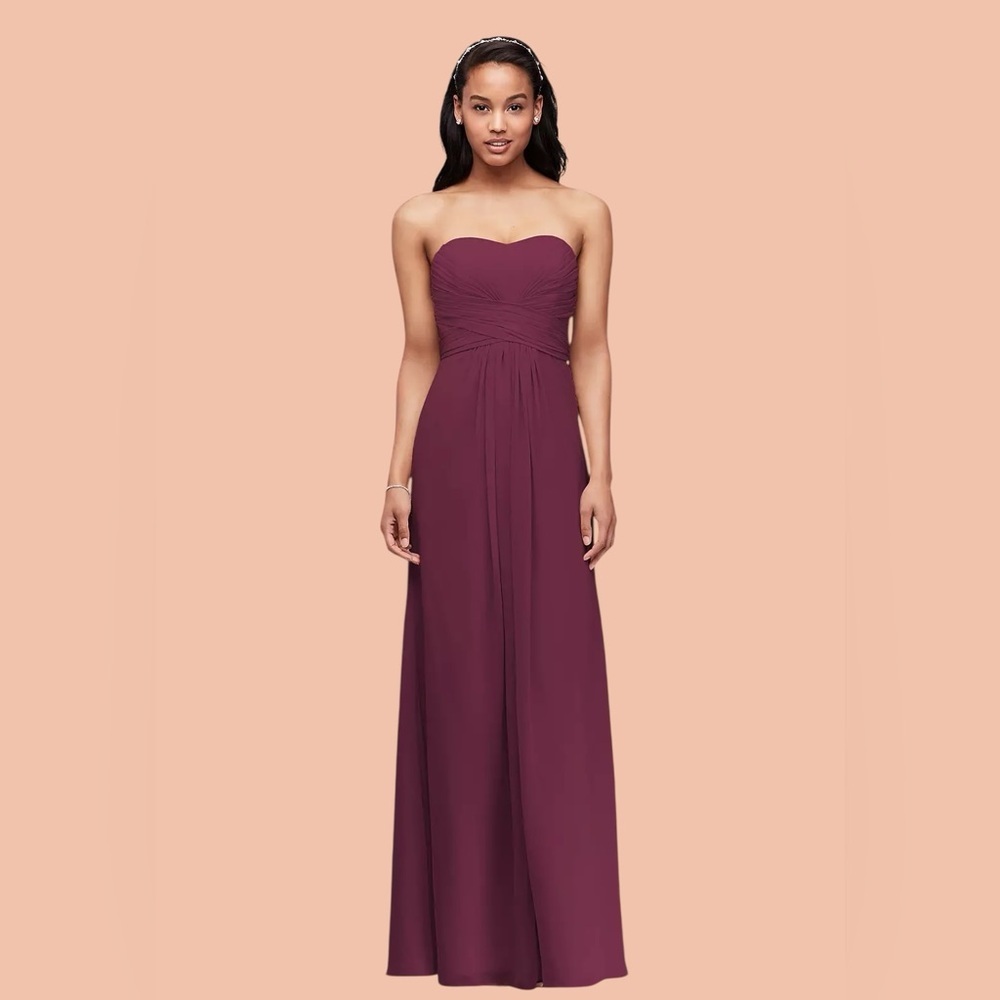 DAVID'S BRIDAL STRAPLESS BURGANDY /WINE Bridemaids CHIFFON FORMAL D SIZE 4 NWT - Picture 2 of 5